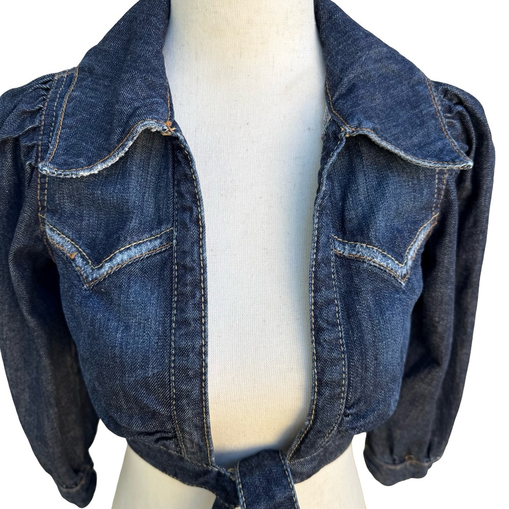 Western Cropped Denim Bolero Shrug Cowgirl Jacket Puff Sleeve Pinup Rockabilly S - Picture 4 of 9
